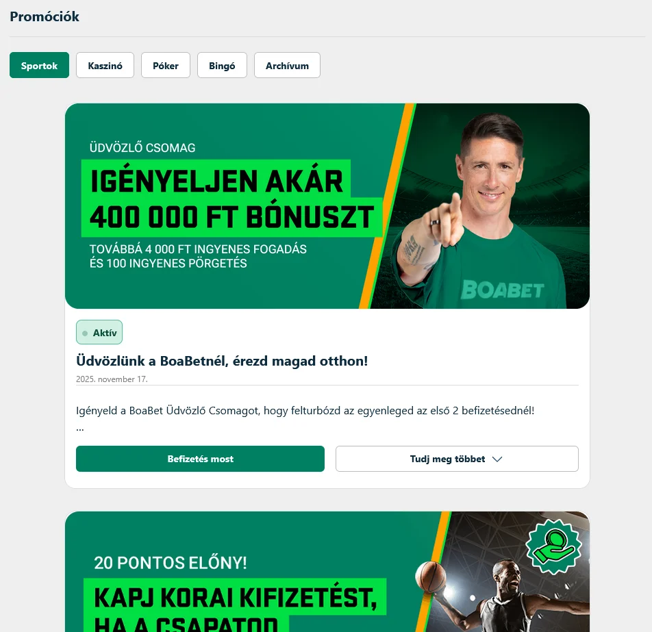 A Boa Bet website bónuszok és promóciók oldala aktuális ajánlatokkal és jutalmakkal